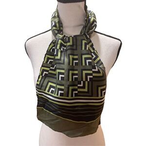 Scarf Silk Geometric Angles‎ 1970s Greens, Black, White, 10.5”x 23” Women’s